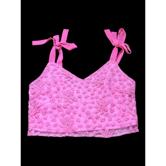 Mi Ami Tops - Mi Ami Pink Floral Lace Crop Top Tie Shoulder Straps V-Neck Back Zip Small
